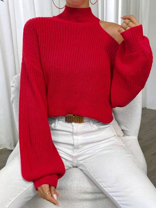 Essnce Women's Turtleneck Solid Color Asymmetrical Collar Sweater