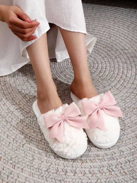 Butterfly Knot Women's Winter Slippers, Lovely Indoor Plush Non-slip Floor Warm Couples Home Slippers