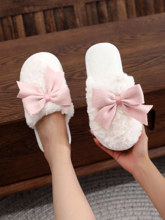 Butterfly Knot Women's Winter Slippers, Lovely Indoor Plush Non-slip Floor Warm Couples Home Slippers