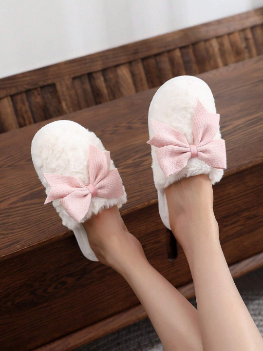 Butterfly Knot Women's Winter Slippers, Lovely Indoor Plush Non-slip Floor Warm Couples Home Slippers