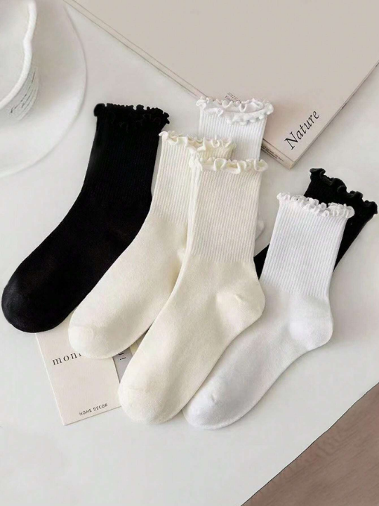 6 Pairs Of Women's Autumn And Winter Fungus Lace All-match Casual Pile Jk Mid-calf Socks