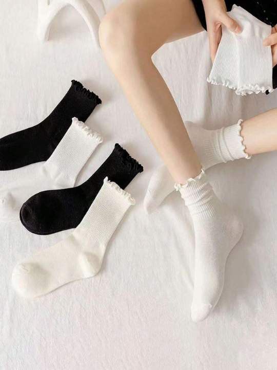 6 Pairs Of Women's Autumn And Winter Fungus Lace All-match Casual Pile Jk Mid-calf Socks