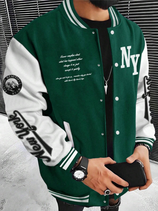 Manfinity Sporsity Men Slogan Graphic Two Tone Varsity Jacket