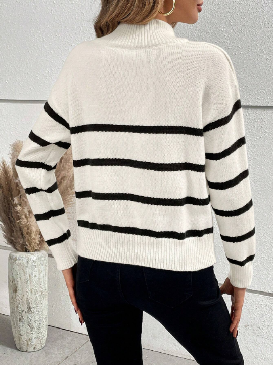 Frenchy Half-Zipper Striped Drop Shoulder Pullover Collar Detail Sweater