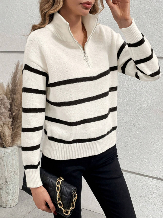 Frenchy Half-Zipper Striped Drop Shoulder Pullover Collar Detail Sweater