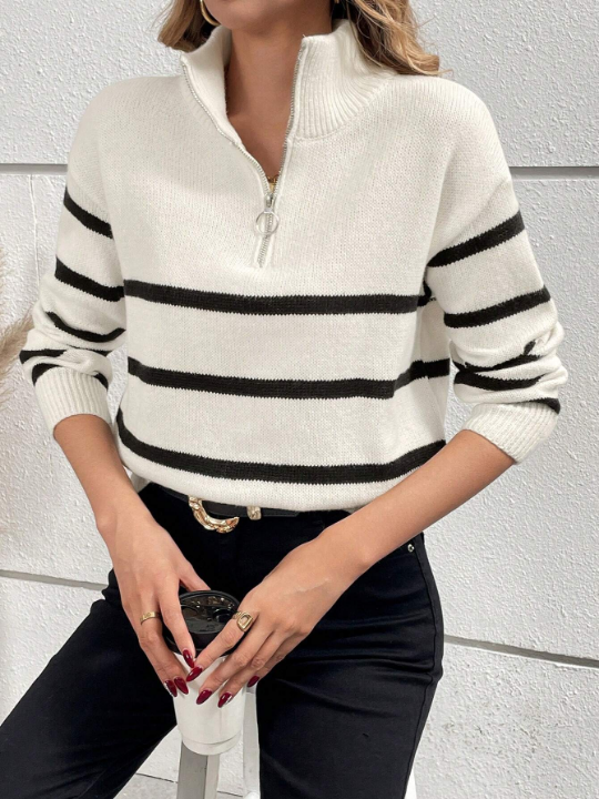 Frenchy Half-Zipper Striped Drop Shoulder Pullover Collar Detail Sweater