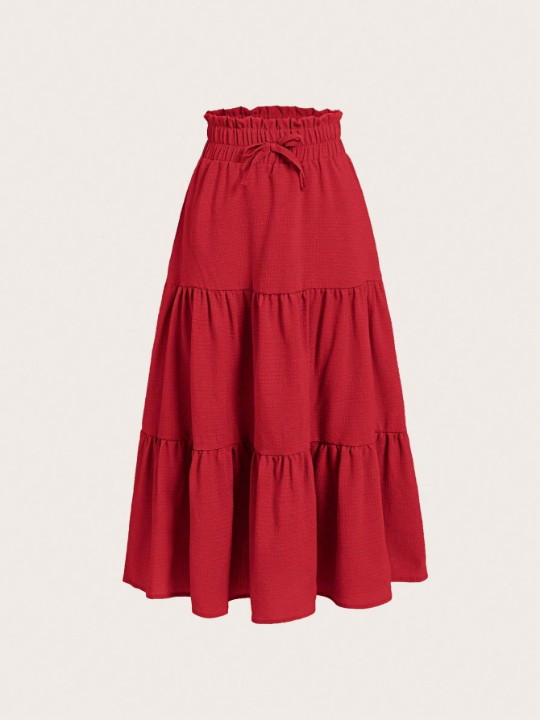 Tween Girl Knot Elastic Waist Layered Ruffle Hem Skirt