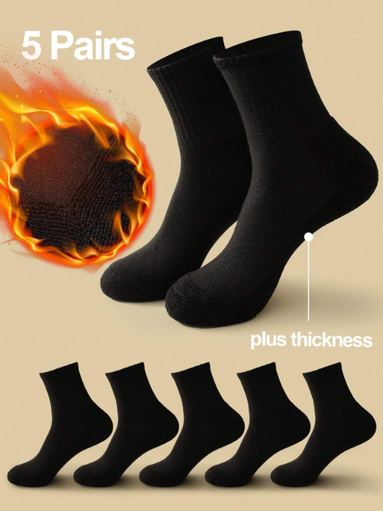 5pairs Black Thickened Fleece-lined Men's Mid-calf Socks For Warm Keeping, Anti-microbial & Sweat Absorbing, Casual And Trendy Round-neck Socks Suitable For Winter