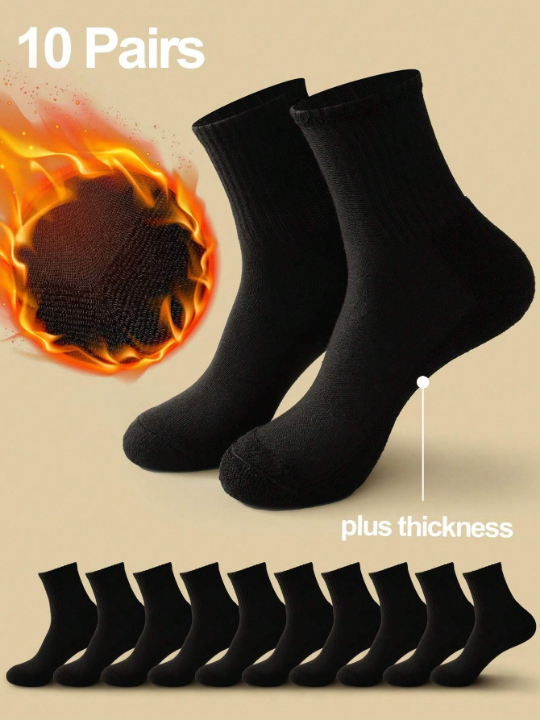 10 Pairs Men's Mid-calf Socks, Black Fleece Lined Thick, Warm, Odor-resistant, Moisture-absorbing, Casual, Versatile, Round Collar Socks, Suitable For Winter Wearing