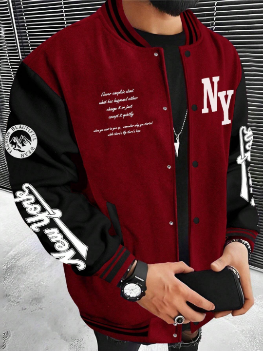 Manfinity Sporsity Men Slogan Graphic Colorblock Varsity Jacket