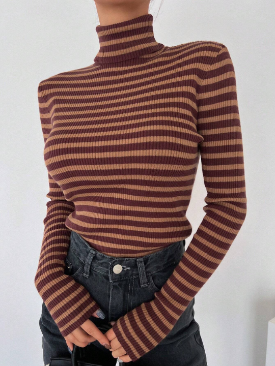 DAZY Striped Turtleneck Slim Fit Sweater For Layering