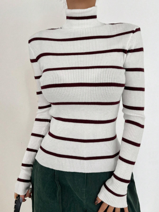 DAZY Striped Pattern Turtle Neck Knit Sweater For Layering