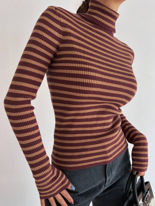 DAZY Striped Turtleneck Slim Fit Sweater For Layering