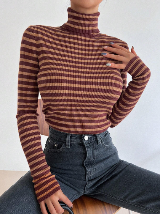 DAZY Striped Turtleneck Slim Fit Sweater For Layering