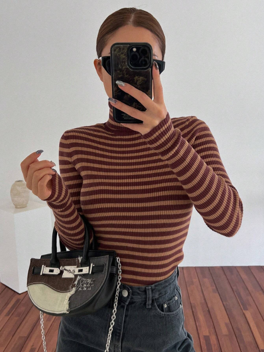 DAZY Striped Turtleneck Slim Fit Sweater For Layering