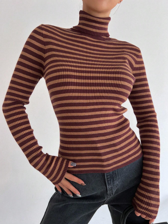 DAZY Striped Turtleneck Slim Fit Sweater For Layering