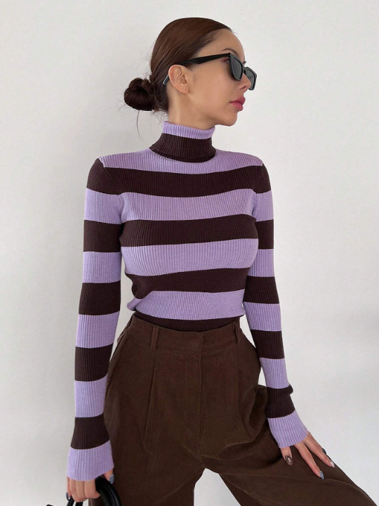 DAZY Striped Turtleneck Slim Fit Sweater