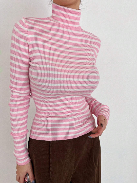 DAZY Striped High Neck Slim Fit Sweater