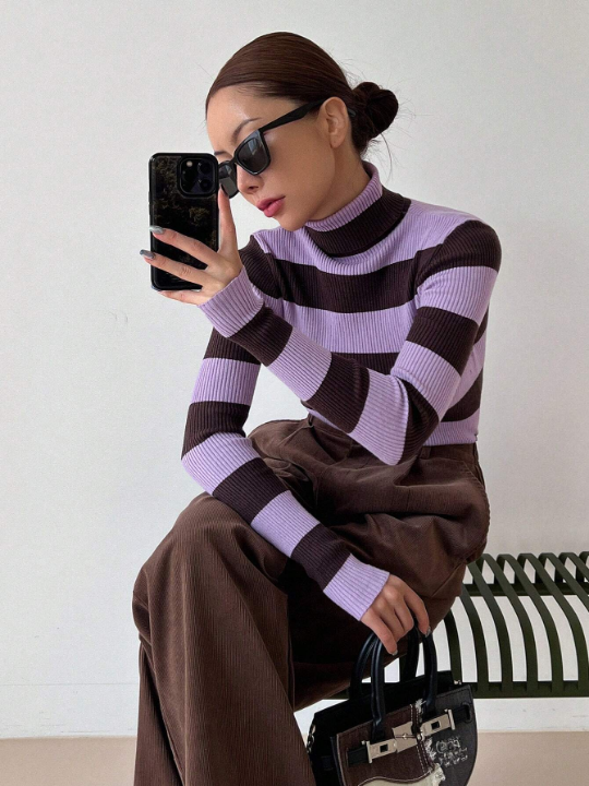 DAZY Striped Turtleneck Slim Fit Sweater