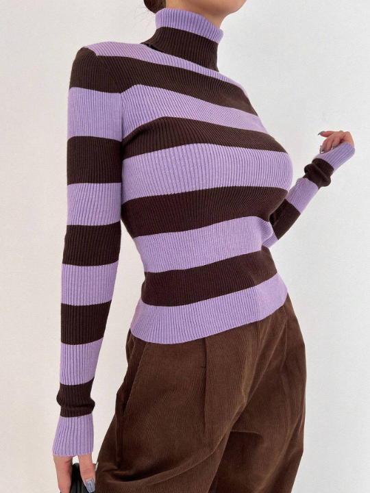 DAZY Striped Turtleneck Slim Fit Sweater