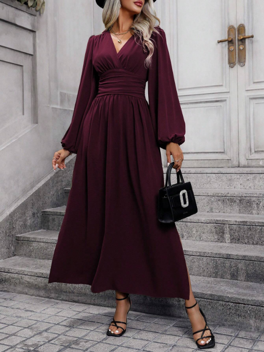 Women's Lantern Sleeve High Slit Dress