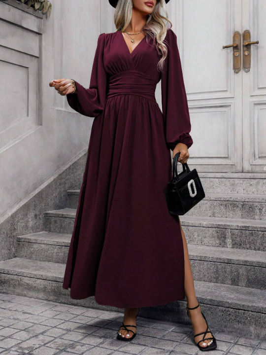 Women's Lantern Sleeve High Slit Dress