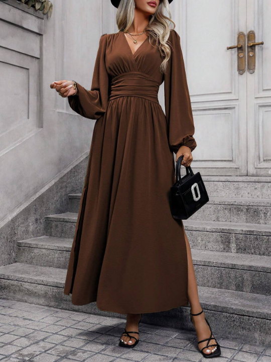 Lantern Sleeve Split Thigh Dress