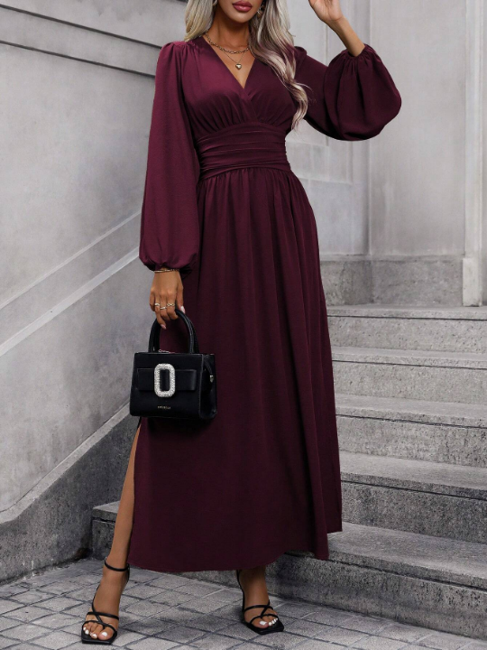 Women's Lantern Sleeve High Slit Dress