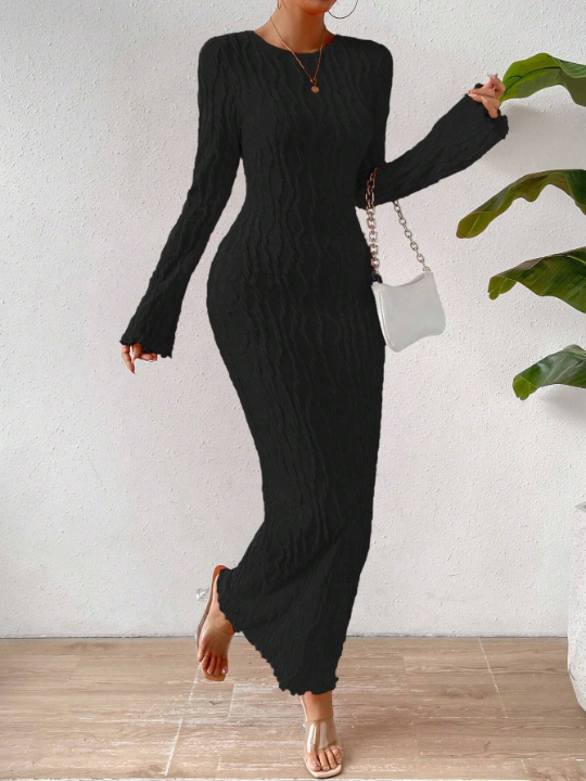 Priv Round Neck Pullover Solid Color Bodycon Dress