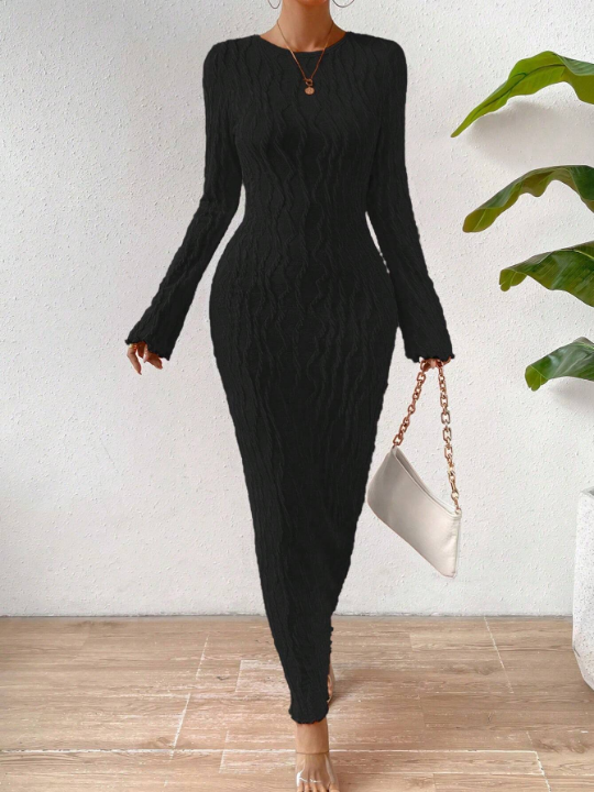 Priv Round Neck Pullover Solid Color Bodycon Dress