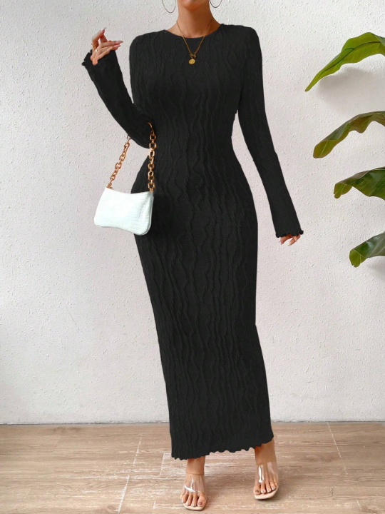 Priv Round Neck Pullover Solid Color Bodycon Dress