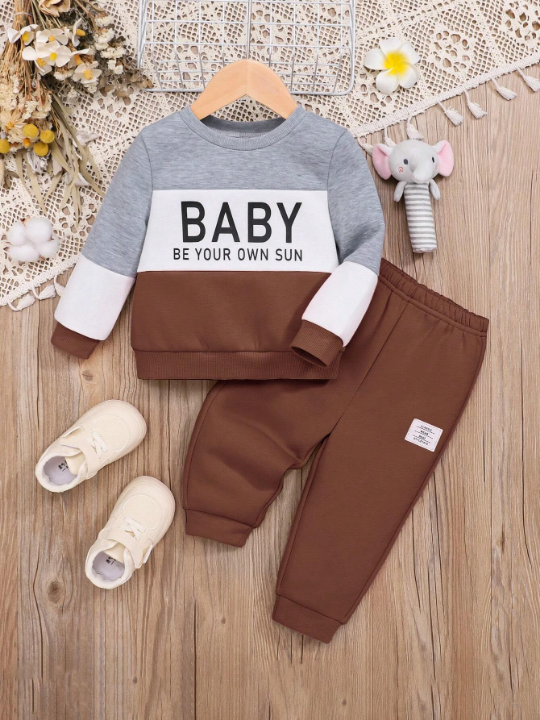 Baby Girl Letter Graphic Colorblock Sweatshirt & Sweatpants