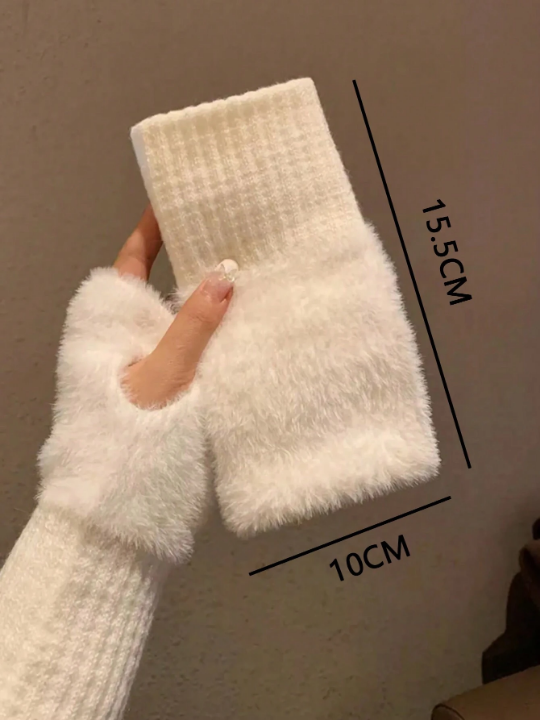 1 Pair Mink Fleece Soft Winter Half Finger Gloves Women Warm Luxury Solid White Plush Knitted Fingerless Gloves Wrist Mittens Writting