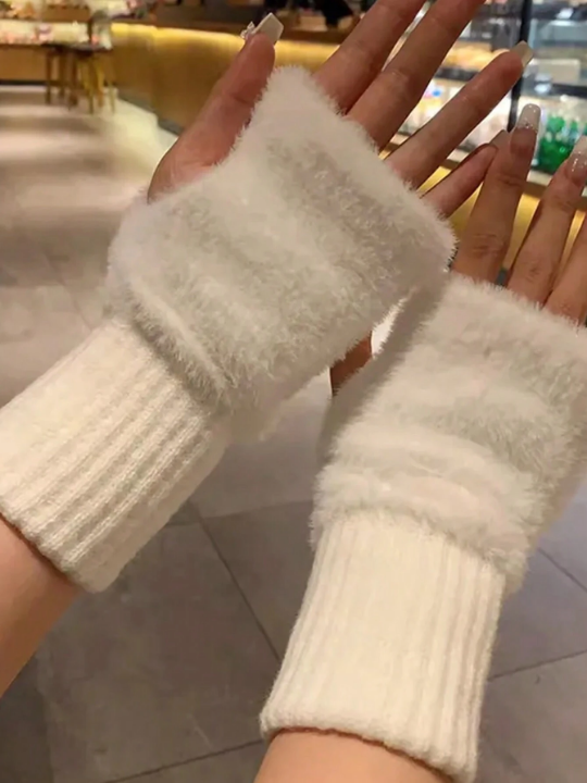 1 Pair Mink Fleece Soft Winter Half Finger Gloves Women Warm Luxury Solid White Plush Knitted Fingerless Gloves Wrist Mittens Writting