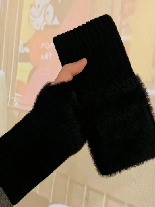 1 Pair Mink Fleece Soft Winter Half Finger Gloves Women Warm Luxury Solid White Plush Knitted Fingerless Gloves Wrist Mittens Writting