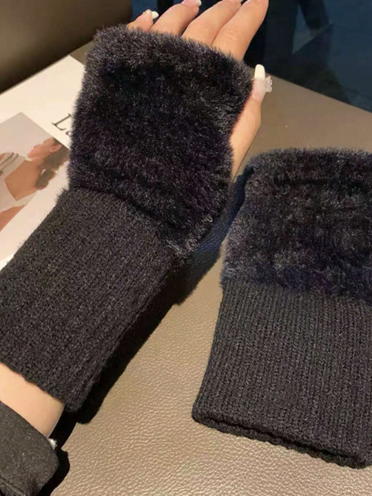 1 Pair Mink Fleece Soft Winter Half Finger Gloves Women Warm Luxury Solid White Plush Knitted Fingerless Gloves Wrist Mittens Writting