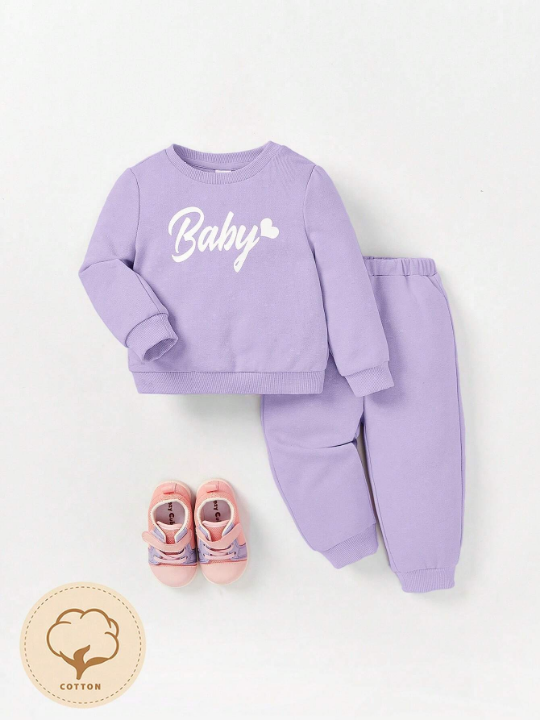 Cozy Cub 2pcs Baby Girls' Sweatshirt And Pants Outfit Set, Featuring Letter Print Sweatshirt And Sweatpants