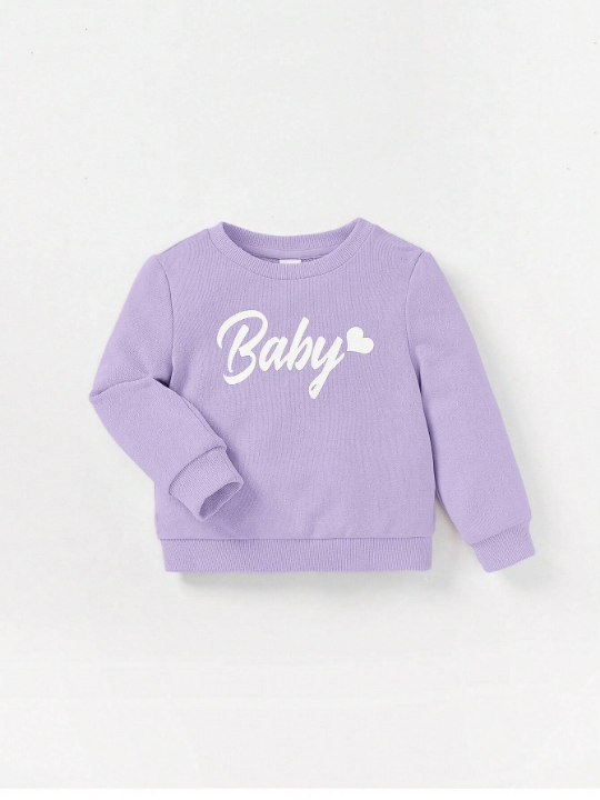 Cozy Cub 2pcs Baby Girls' Sweatshirt And Pants Outfit Set, Featuring Letter Print Sweatshirt And Sweatpants