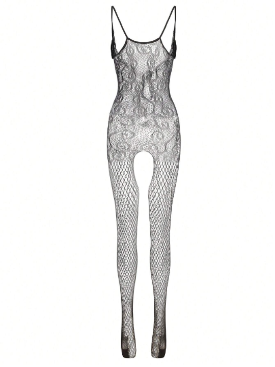 Fishnet Contrast Lace Bow Front Crotchless Body Stocking