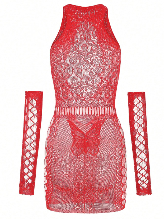 Classic Sexy Hollow Out Lace Lingerie Dress With Gloves