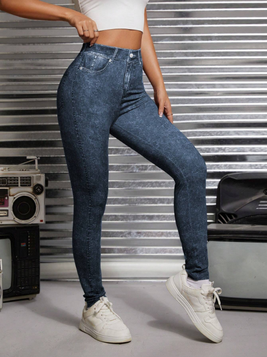 PETITE High-Waisted Knitted Elastic Printed Jeans-Look Skinny Bodycon Pants