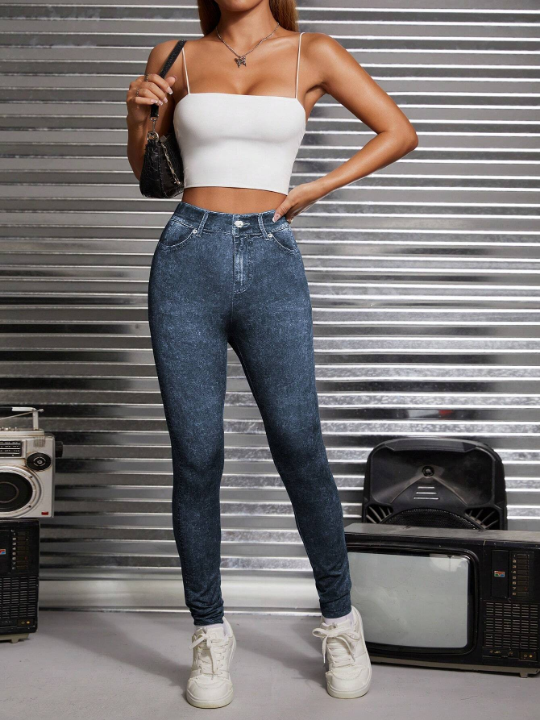 PETITE High-Waisted Knitted Elastic Printed Jeans-Look Skinny Bodycon Pants