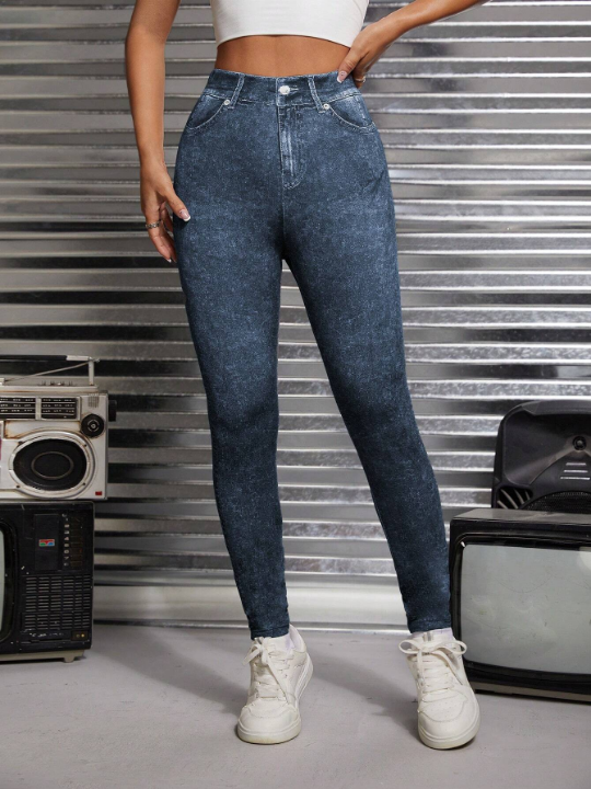 PETITE High-Waisted Knitted Elastic Printed Jeans-Look Skinny Bodycon Pants