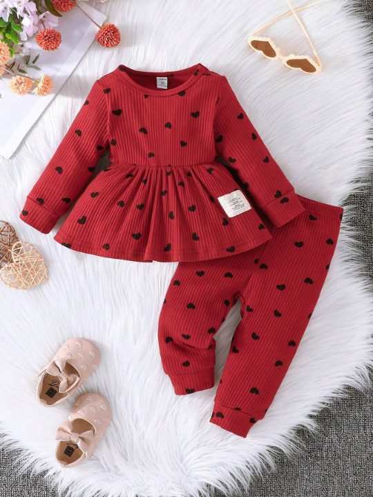 Baby Girls' Heart Pattern Printed T-shirt With Ruffle Hem And Pants Set