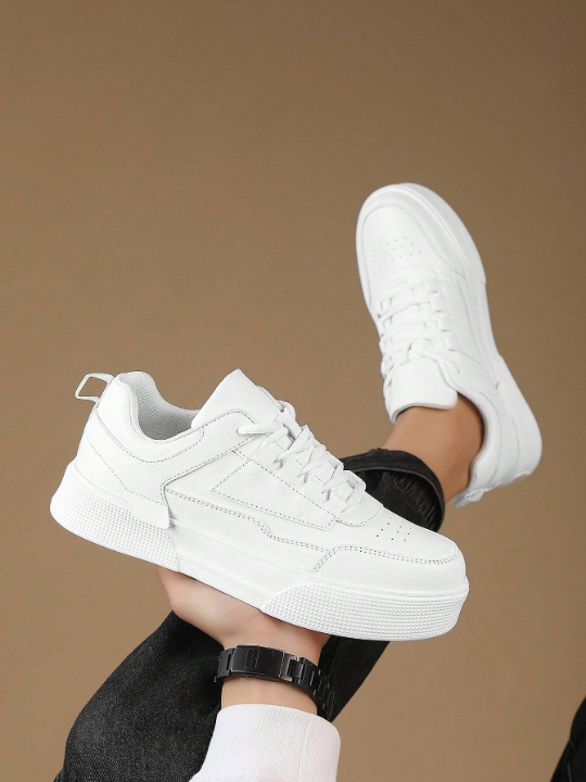 Men's Thick-soled White Sneakers With Front Straps, Minimalist Skateboard Style Casual Shoes