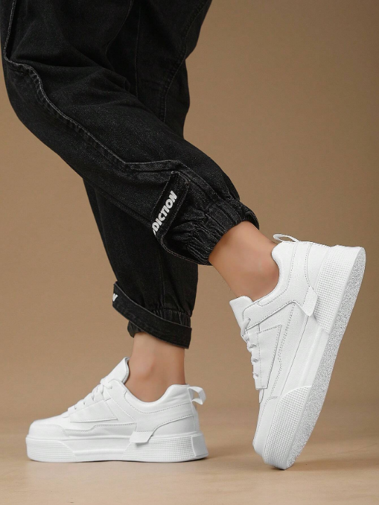 Men's Thick-soled White Sneakers With Front Straps, Minimalist Skateboard Style Casual Shoes