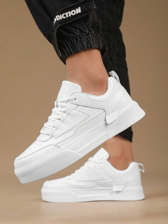 Men's Thick-soled White Sneakers With Front Straps, Minimalist Skateboard Style Casual Shoes