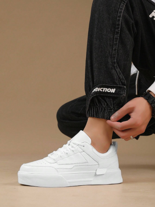 Men's Thick-soled White Sneakers With Front Straps, Minimalist Skateboard Style Casual Shoes