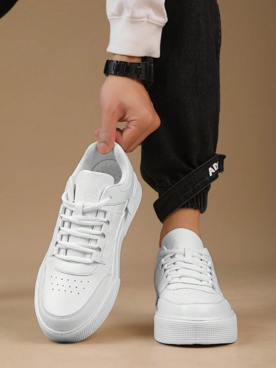 Men's Thick-soled White Sneakers With Front Straps, Minimalist Skateboard Style Casual Shoes