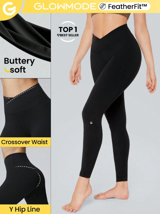 GLOWMODE 24" FeatherFit Crossover Yoga Leggings Buttery Soft High Stretch Crossover Waist Sports Tights